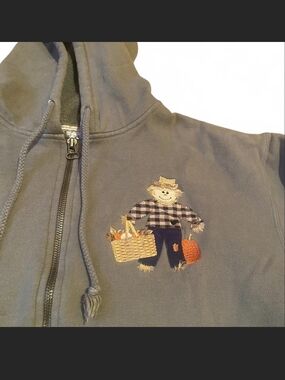 Fall Scarecrow Appliqué Zip Up Hoodie Gray Olive Cottagecore